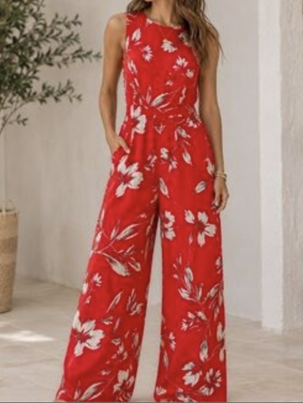 Calvin Klein Red Floral Tie-Waist Wide-Leg Jumpsuit with Pockets